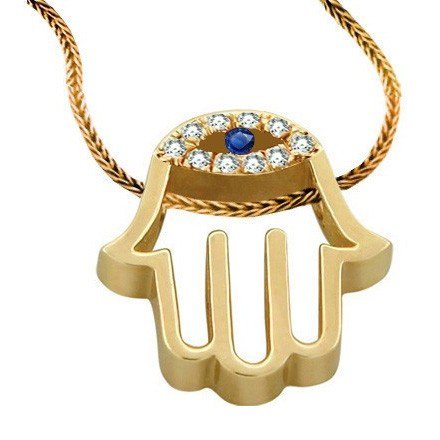 14K Gold Diamond-Encrusted Hamsa Pendant with Sapphire Eye