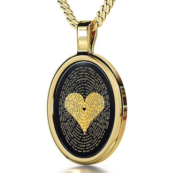 14K Gold and Onyx Necklace Micro-Inscribed with 24K Gold Heart and "I Love You" in 120 Languages