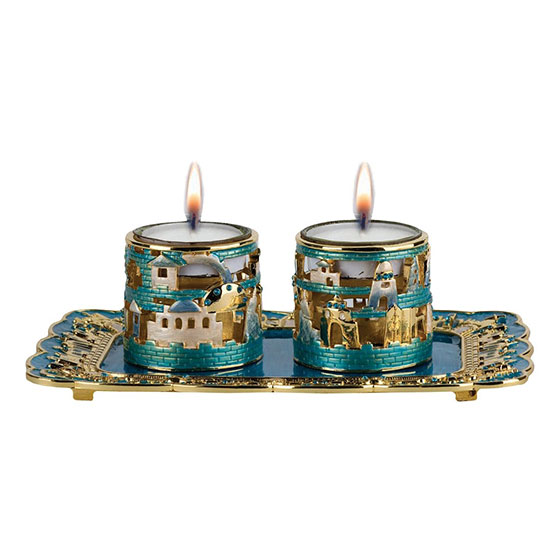 24K Gold Plated Jerusalem Candle Holders with Tray Turquoise with Sapphire Crystals