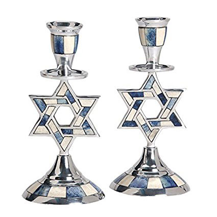 Aluminum Shabbat Star of David Candlesticks with Blue and White Decorative Inlay