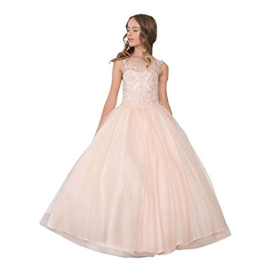 Calla Collection Big Girls Blush Glitter Overlaid Junior Bridesmaid Dress