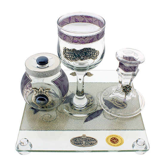 Delicate And Exquisite Design Glass Havdalah Set With Dark Purple Stripes And Flower Decor