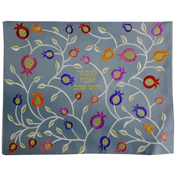 Grey Leather Challah Cover with Bright Pomegranates 