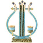 Hand Painted Gold Plated Pewter Vintage Shabbat Candlesticks Blue Harp