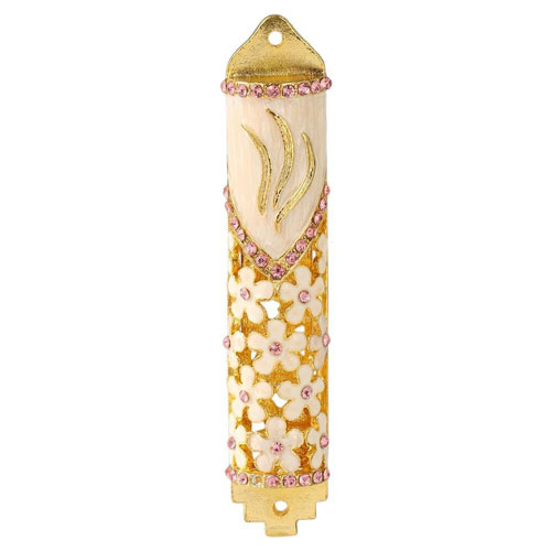 Hand Painted Mezuzah With Floral Design + 24k Gold & Purple Crystals By Matashi