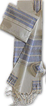 Amazing Hand Woven White with Blue Stripes & Silver Accents Silk Tallit Set