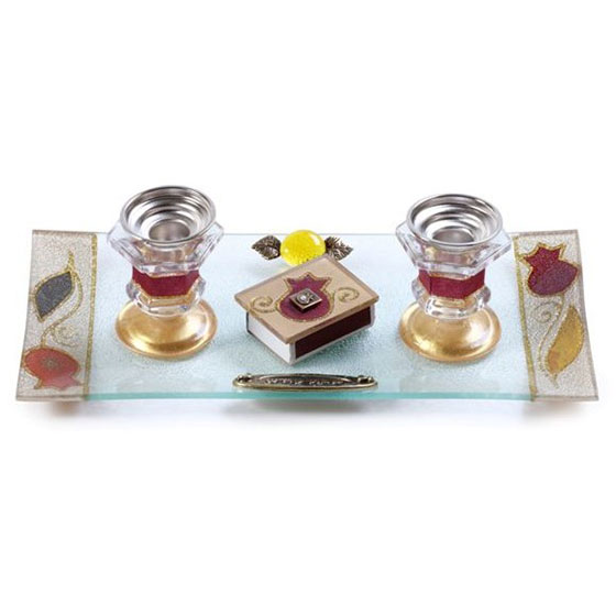 Painted Glass Candlesticks Matches and Tray Pomegranates Red Lily Art