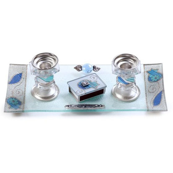 Painted Glass Candlesticks with Tray Pomegranates and Flowers Blue Lily Art