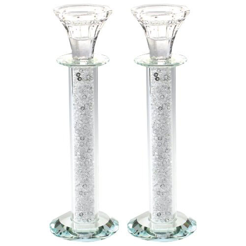 Pair Of Crystal Shabbat Candlesticks With Stones