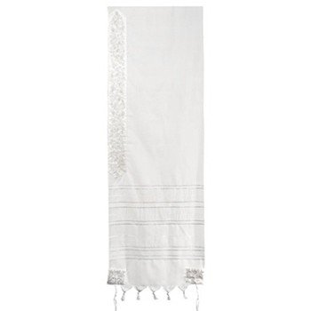 Pomegranates: Yair Emanuel Wool Tallit with Embroidery (Silver & White)