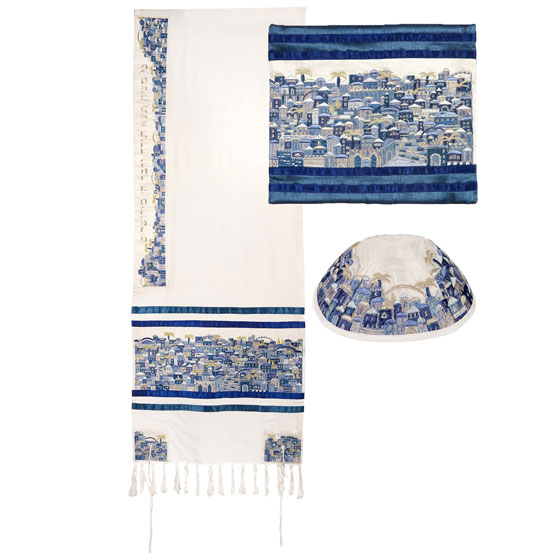 Yair Emanuel Fully Embroidered Cotton Jerusalem Tallit Set - Blue