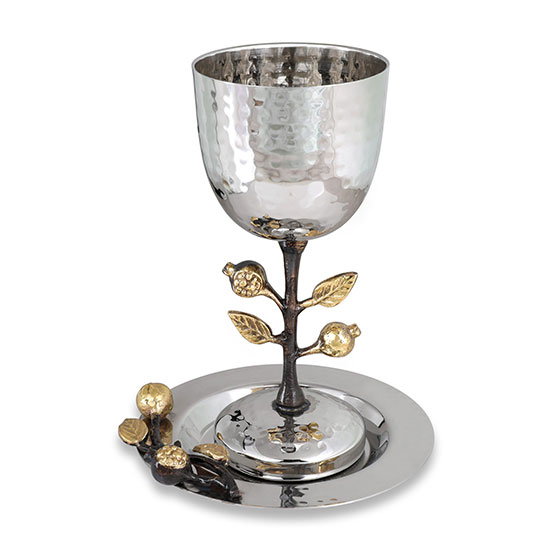 Nickel Kiddush Cup Wine Goblet with Saucer for Shabbat and Holidays Grapevine Design with Blue Crystal Stones