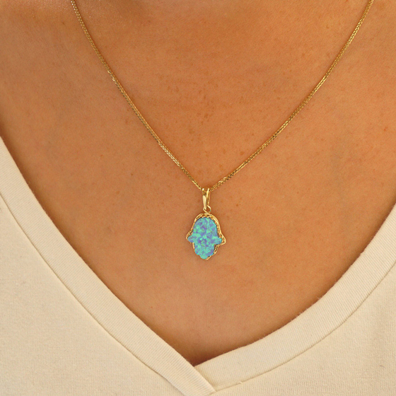 14k Gold Blue Opal Hamsa Pendant