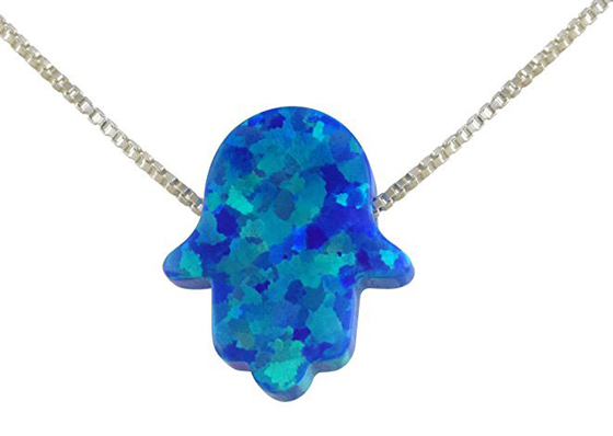 Blue Created Opal Hamsa Hand Pendant Necklace With Sterling Silver Chain
