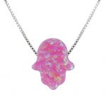 Created Fire Opal Hamsa Hand Necklace Pink Opal Pendant With Sterling Silver Box Chain