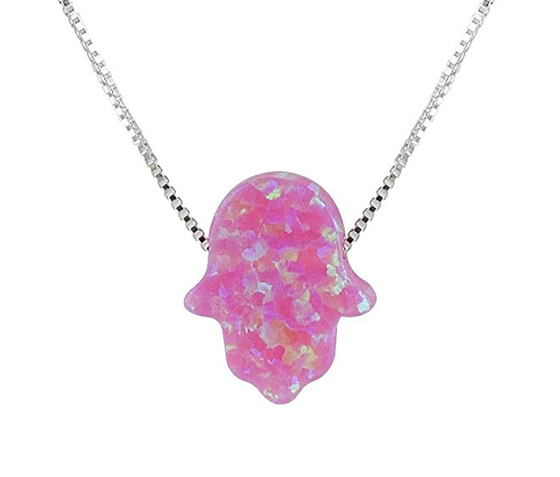 Created Fire Opal Hamsa Hand Necklace Pink Opal Pendant With Sterling Silver Box Chain
