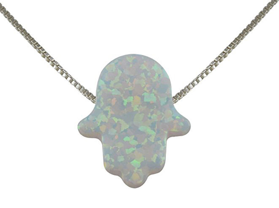 Created Fire Opal Hamsa Hand Necklace White Opal Pendant Sterling Silver Box Chain