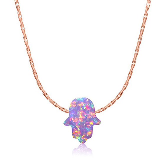 Simulated Purple Opal Hamsa Necklace Yellow Rose Gold Plated Sterling Silver
