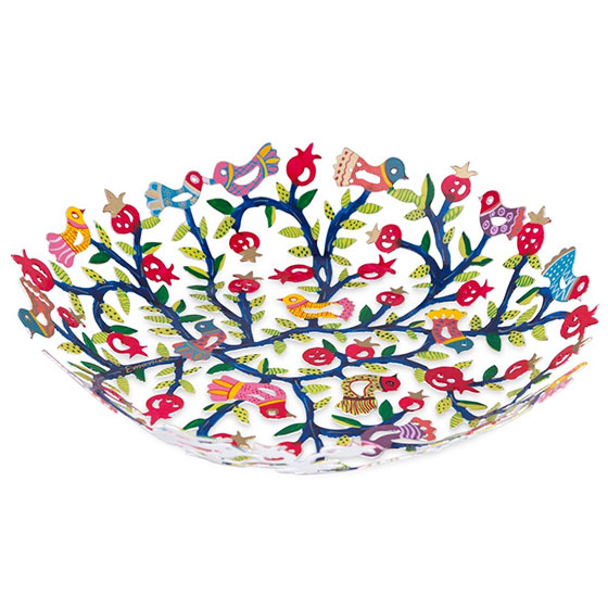 Yair Emanuel Hand Painted Laser Cut Bowl Birds And Pomegranates