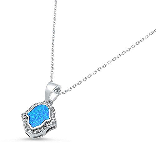 925 Sterling Silver Lab Created Blue Opal Cubic Zirconia Hamsa Symbol