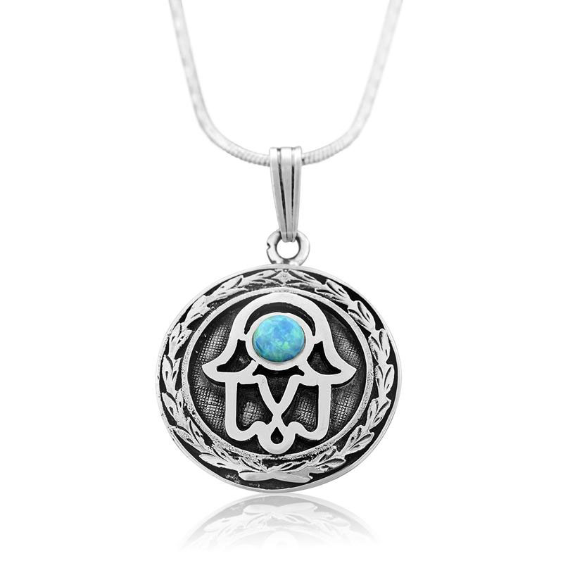 Sterling Silver Hamsa Necklace With Opal Stone