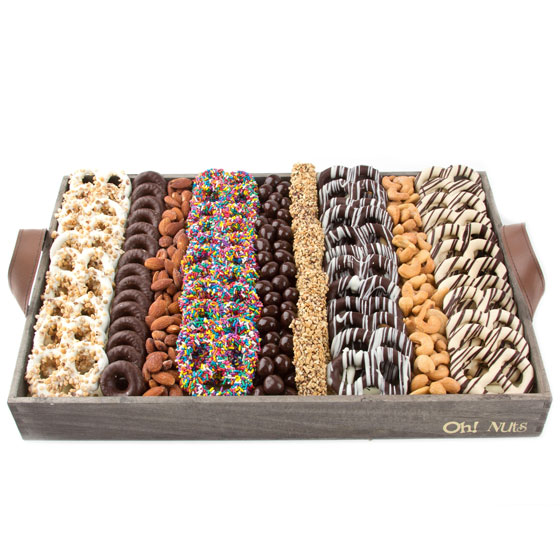 Wooden Nuts Chocolates Pretzels Line Up Gift Basket