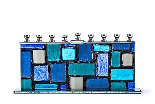 Blue White Western Wall Kotel Glass Menorah Handcrafted