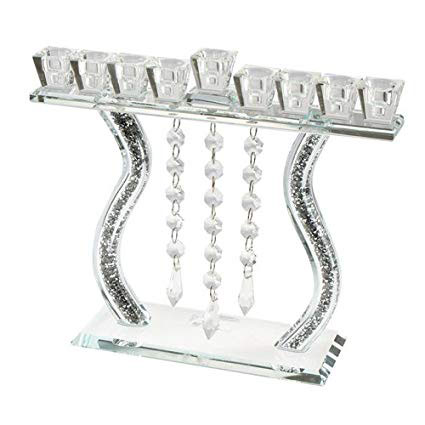 Crystal Silver Harp Shaped Menorah With Dangling Stones