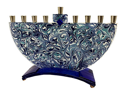 Marbled Blue Hanukkah Menorah Hand Made By Tamara Baskin Art Glass