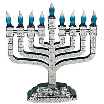 Silver Plastic Electric Knesset Menorah With Blue White Bulbs