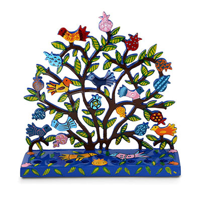 Yair Emanuel Painted Metal Menorah Birds In Pomegranate Tree