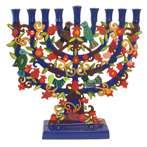 Yair Emanuel Painted Metal Menorah With Arches, Pomegranates Birds