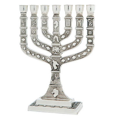 Silver Plated Seven Branch Menorah 12 Tribes Of Israel