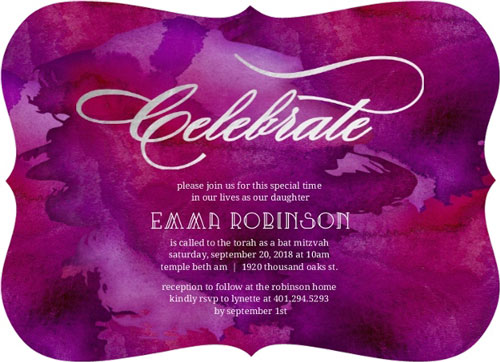 Purple Watercolor Silver Foil Celebrate Bat Mitzvah Invitation