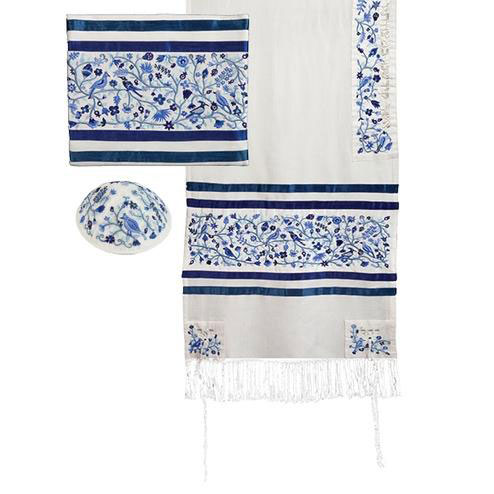 Yair Emanuel Embroidered Raw Silk Tallit With Birds And Flowers Design