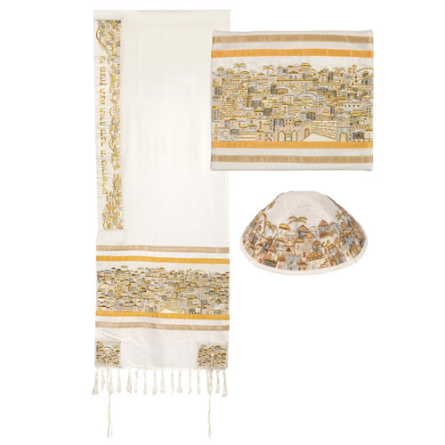 Yair Emanuel Fully Embroidered Cotton Jerusalem Tallit Set White Gold