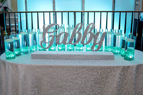 Led Candle Lighting Display With Custom Glittered Name & Cylinders With Floating Candles