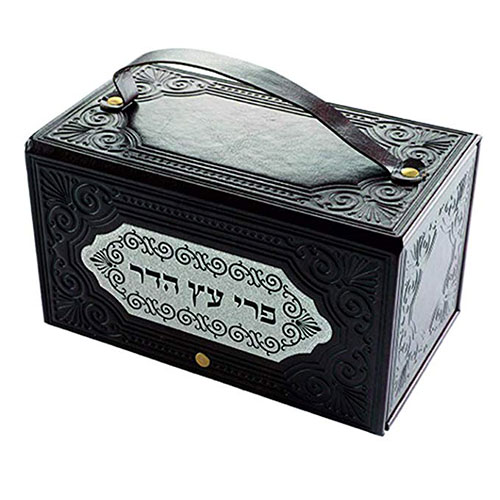 Faux Leather Esrog Box With Handle And Decorative Metal Plaque