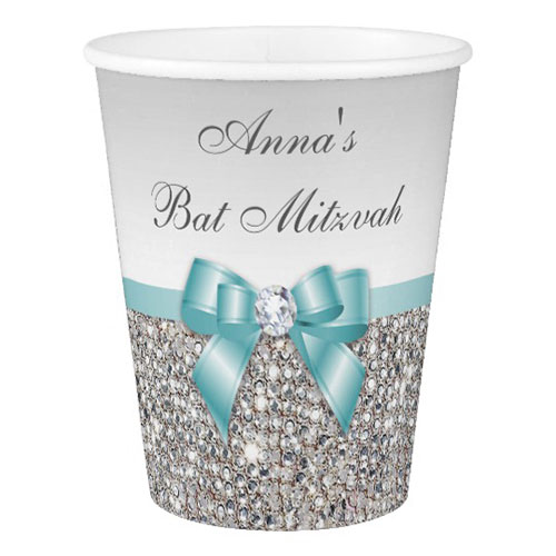 Faux Teal Bow Silver Sequins Bat Mitzvah Paper Cup