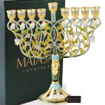 Hand Painted Menorah Candelabra Embellished Intertwining Flowers Design 24kgold Blue Crystals