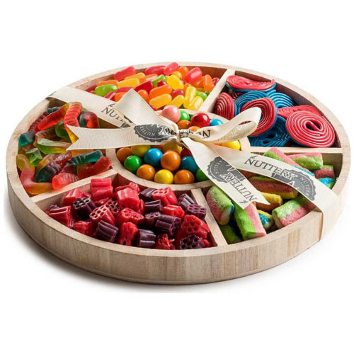 Kosher Six Section Wooden Round Gift Tray With Candy