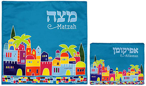 Matzah Cover & Afikoman Bag Set For Passover Satin Blue Matzo Set