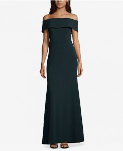 Betsy & Adam Ruffled Back Off The Shoulder Gown